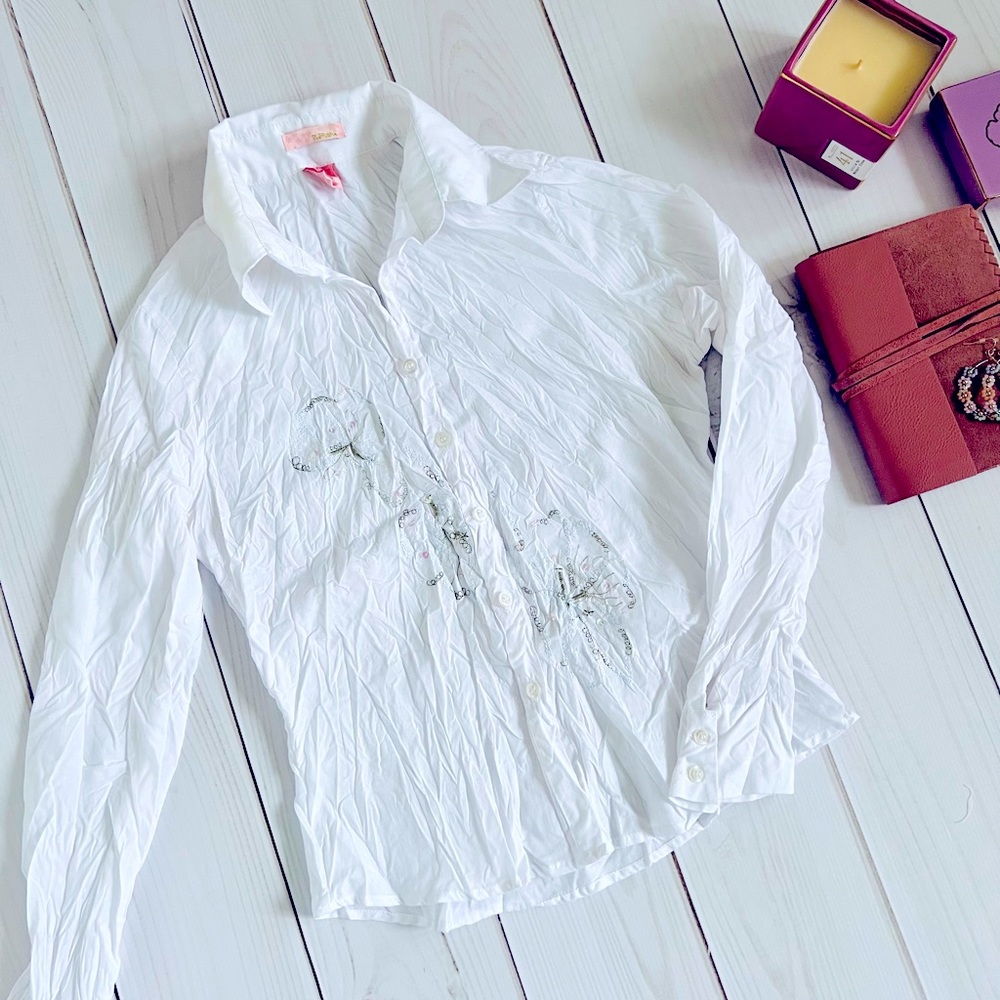 White Crinkle Blouse with Embroidery